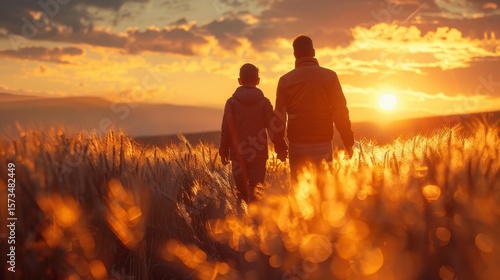 Father and son walk hand-in-hand through a golden field at sunset, silhouetted against the bright sun