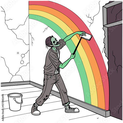 A zombie with green skin painting a rainbow on a cracked wall with a brush and a bucket nearby in a room