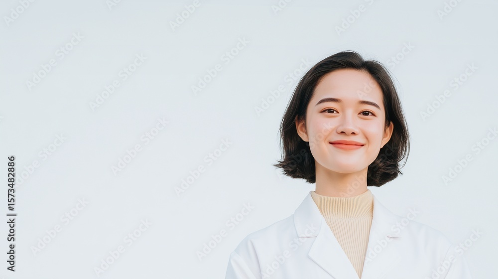 Asian female doctor smiling in white coat against clean background Asian female doctor smiling in white coat against clean background