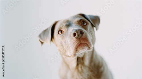 Curious Labrador mix dog portrait on white background