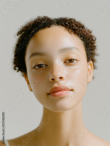 Young woman with freckles glowing skin beauty close up in soft light