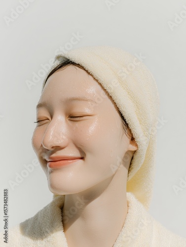 Asian woman fresh skin with towel headband smiling in natural light