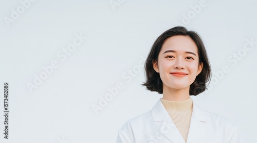 Asian female doctor smiling in white coat against clean background