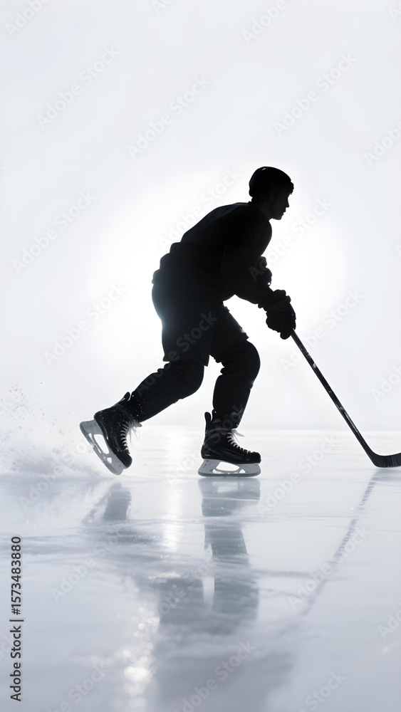 Fototapeta premium Silhouette of dynamic ice hockey player gliding on reflective ice, glowing halo, isolated on white. 