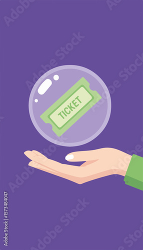Digital ticket held by hand floating in transparent sphere, purple and lime minimalistic background concept of online purchasing and ticketing services.