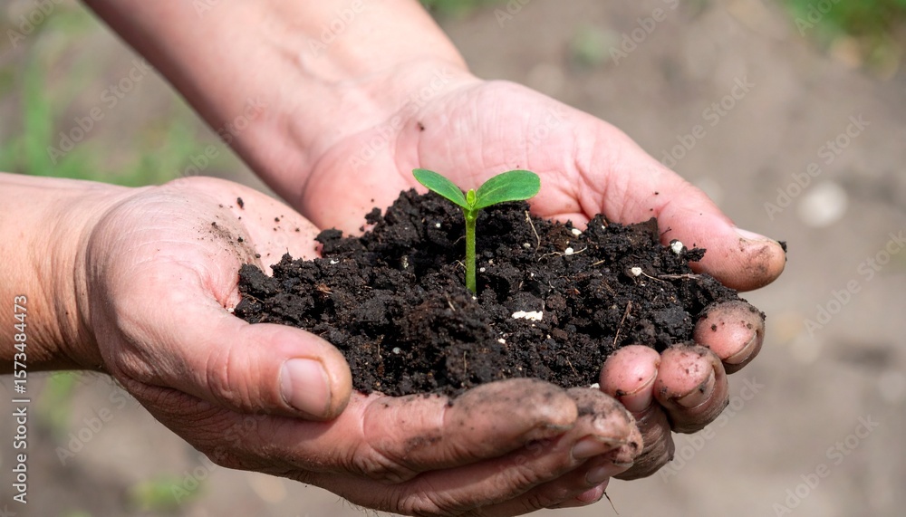 Hands delicately holding soil and a small plant seedling, a symbol of growth and new beginnings Hands delicately holding soil and a small plant seedling, a symbol of growth and new beginnings