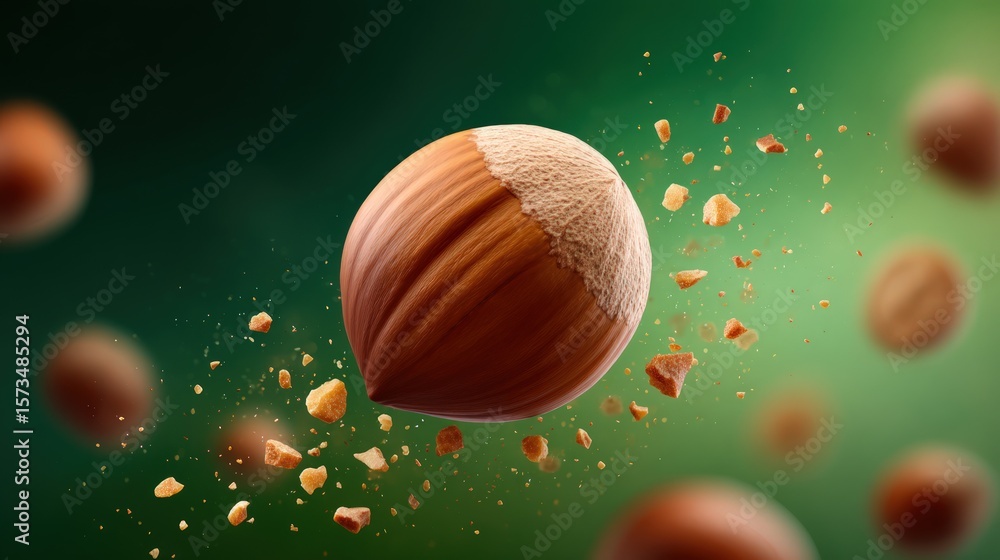 Suspended in air on emerald background, partially opened hazelnut scatters shell particles Suspended in air on emerald background, partially opened hazelnut scatters shell particles