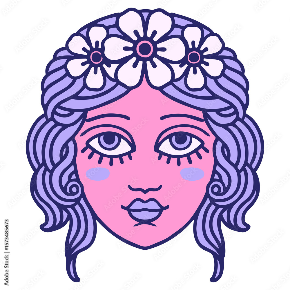 iconic tattoo style image of female face with crown of flowers in bright neon color iconic tattoo style image of female face with crown of flowers in bright neon color