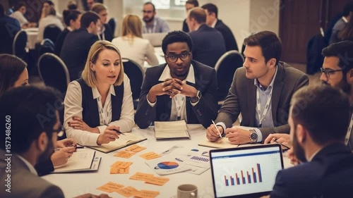 Breakout session at business summit, roundtable discussion with notepads, laptops, coffee cups, and engaged expressions