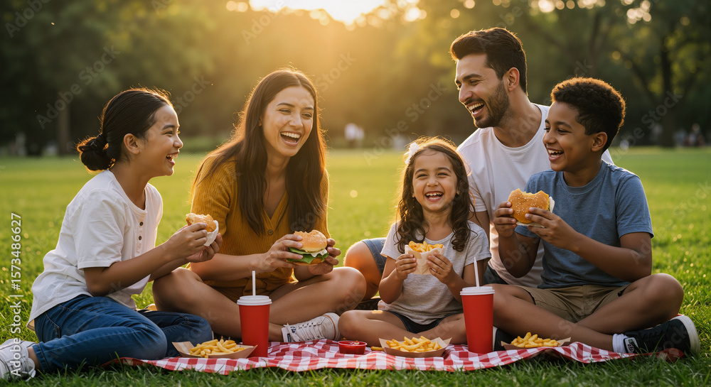 Fototapeta premium Happy Family Enjoying Picnic Lunch on National Eat Outside Day in a Sunny Park