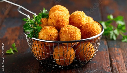 Crispy fried balls in wire basket