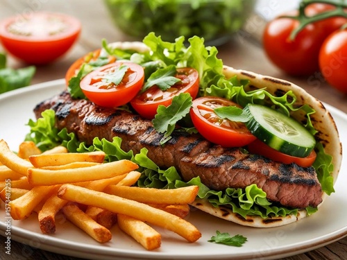 Grillteller mit saftigem Fleisch und großer Gemüse- / Salatbeilage