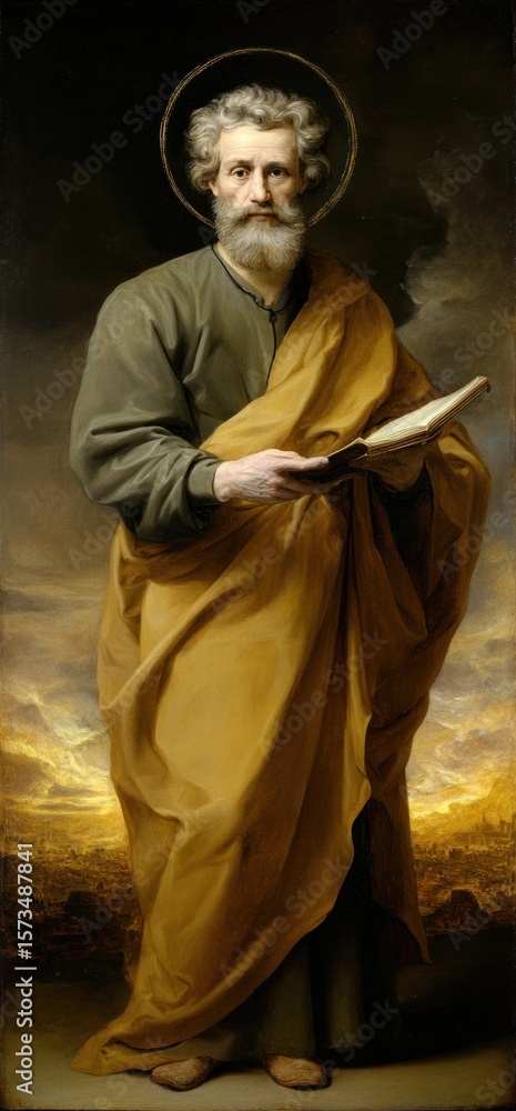 Naklejka premium Apostle James vision: saint path, holy task, sacred walk, divine guide, faithful deed, blessed life, ancient road, martyr fate, spiritual fire, heavenly goal, scriptural tale, pilgrim emblem