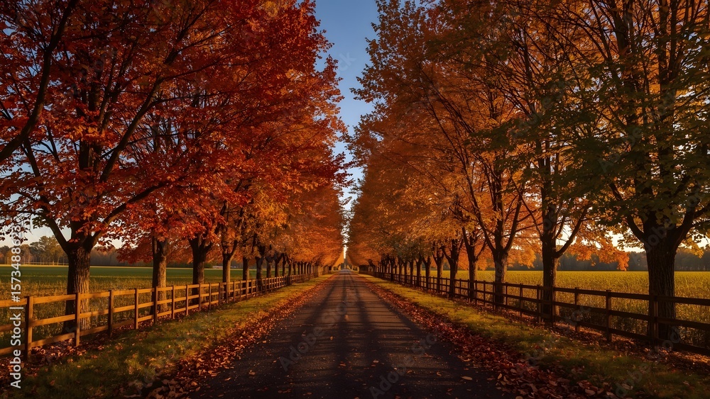 Naklejka premium Autumn Pathway with Vibrant Red and Orange Trees