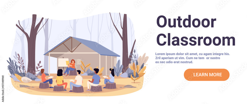 Fototapeta premium Outdoor classroom back to school nature learning teacher instructing diverse students outside forest trees cabin educational activity website banner