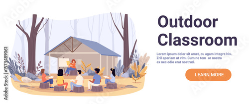 Outdoor classroom back to school nature learning teacher instructing diverse students outside forest trees cabin educational activity website banner