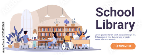 School library students studying diverse group reading books working on laptops bookshelves indoor plants modern interior flat design website banner