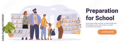 Family back to school shopping bookstore parents children browsing shelves plants modern interior website banner