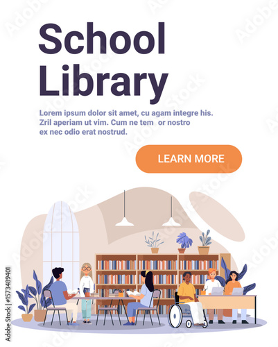 School library students reading studying diverse group bookshelves plants modern interior learning community education website banner