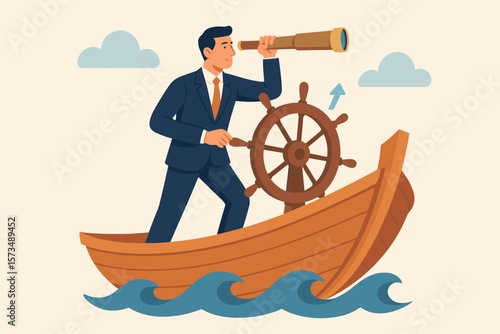 Business leadership and visionary concept to lead company success. Career direction and work achievement metaphor. Smart businessman as a boat captain controlling the helm.