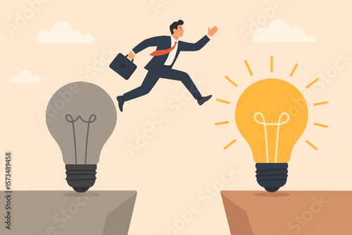 Business transformation metaphor. Change management. Transition to innovative company. Improvement, adaptation. Businessman jumps from old to new idea. Solution and success concept.