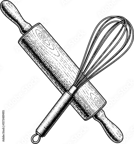 Vintage rolling pin and whisk crossed, rustic kitchen utensils with hand-drawn style