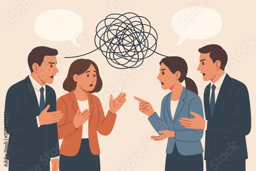 Communication problem, misunderstanding and confusion concept. Business people colleagues in conflict discussion. Chaos in conversation, argument and messy meeting.