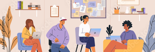 Students group study collaboration laptops classroom modern workspace bulletin board books plants shelves casual seating teamwork education