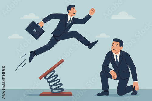 Competitive advantage. Innovation to outsmart competition. Business winning strategy. Smart way to win. Career growth concept. Businessman leapfrogging over rival with springboard.