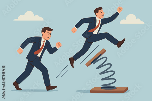 Competitive advantage. Innovation to outsmart competitor. Business winning strategy. Smart way to win. Career growth concept. Businessman jumping over rival on springboard.