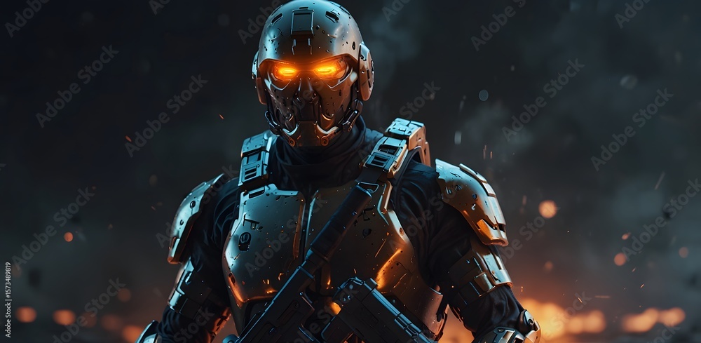 Fototapeta premium Futuristic soldier with glowing armor in battlefield