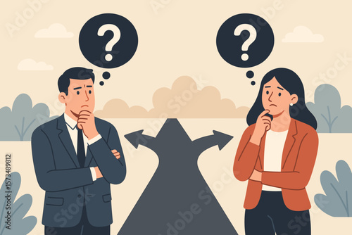 Business people at crossroads making a choice. Career path decision, dilemma concept. Man and woman thinking, confused. Uncertainty and opportunity. Future strategy direction.