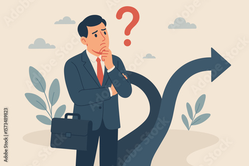 Businessman at a crossroads making a choice. Career opportunity and business dilemma concept. Metaphor for doubt, uncertainty, and confusion. Choosing a direction, problem solving.