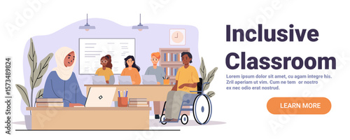 Inclusive classroom diverse students and teacher learning together modern school interior books laptops wheelchair accessibility educational website banner