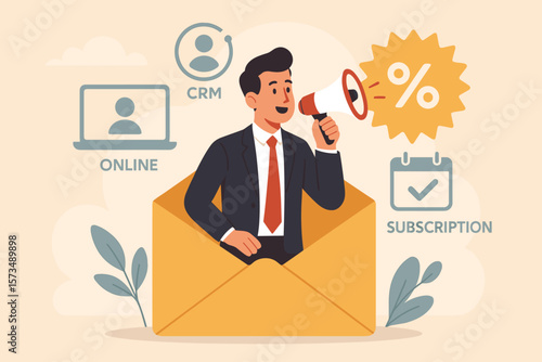 Email marketing campaign, CRM and newsletter promotion concept. Businessman with megaphone announces discount. Customer engagement and digital advertising vector illustration.