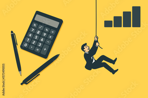 Businessman Climbing Towards Financial Growth, Calculator and Pens on Yellow Background, Investment, Tax, Cost Calculation, Success, Finance, Office, Business Concept