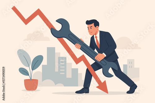 Business crisis management solution, businessman with giant wrench fixing falling graph, problem solving, financial downturn recovery, repair metaphor, economic improvement concept