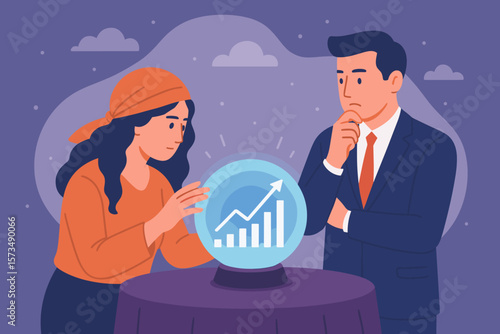Business fortune teller predicts stock market growth, investment opportunity, economic forecast, business people analyzing financial trends with magic crystal ball, vision concept