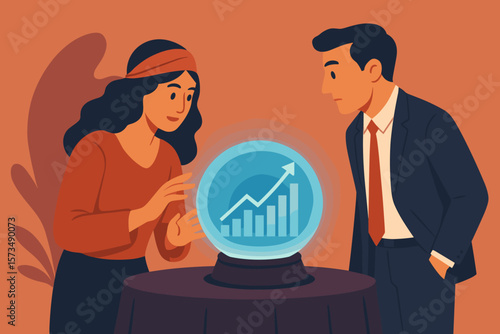 Business fortune teller predicts investment opportunities, economic trends, stock market growth, financial forecast, businesspeople analyzing future vision with crystal ball
