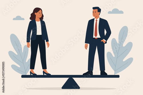 Gender equality in business, equal opportunity, workplace diversity, fairness and justice, businessman and businesswoman balancing on seesaw, corporate balance concept