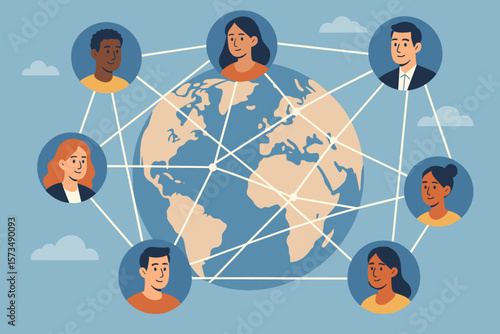 Global business network, remote teamwork, international communication, virtual collaboration, diverse people connecting worldwide, online social media, digital workplace, remote office concept