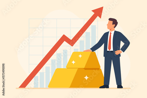 Gold investment profit growth, rising bullion price, financial gain, businessman investor with gold bars, trading, wealth increase, market uptrend, value appreciation concept