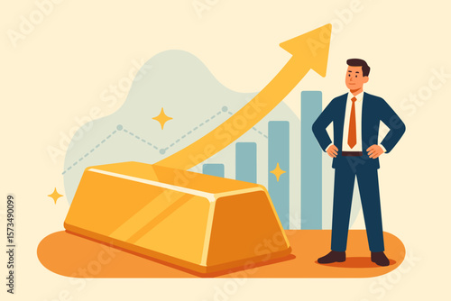 Gold investment profit growth, rising bullion price, financial success, businessman investor with gold bar, wealth increase, trading, market uptrend, economic gain concept
