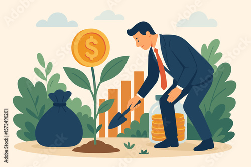 Businessman Investor Growing Wealth, Planting Money Tree, Investment Growth, Pension Fund Savings, Retirement Profit, Financial Success, Asset Management, Stock Market Concept