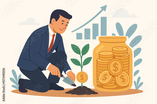 Businessman Investor Planting Money Tree, Growing Wealth, Investment Asset Growth, Pension Fund Savings, Financial Profit, Retirement Planning, Economic Success Concept