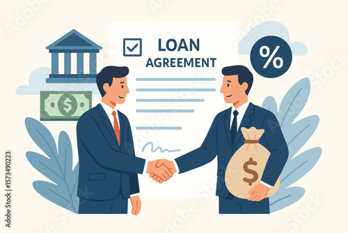 Business loan agreement, borrowing money from bank, handshake, financial support, debt, mortgage, obligation to repay, interest rate, personal finance, investment concept
