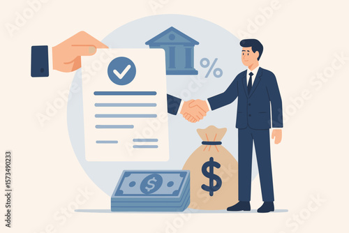 Business loan agreement handshake, borrowing money from bank, mortgage contract, debt repayment, financial support, interest rate, personal finance, funding concept illustration