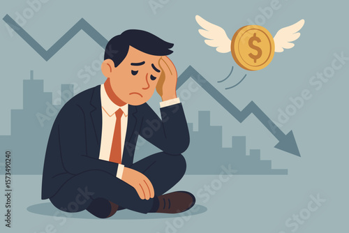 Financial loss, business failure, investment mistake, tax debt problem, bankruptcy, economic crisis, recession concept. Sad hopeless businessman watches money fly away, declining graph