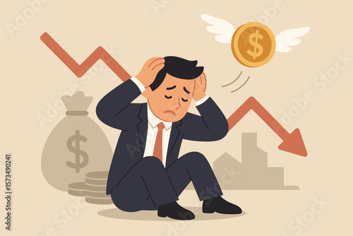 Financial crisis business failure investment loss. Sad stressed businessman bankrupt. Debt problem, recession, economic downturn, money flying away, market crash, bankruptcy concept.