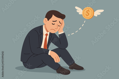 Sad businessman losing money concept. Financial loss, bankruptcy, debt, recession, business failure, investment mistake, tax problem. Hopeless man watches flying coin with wings